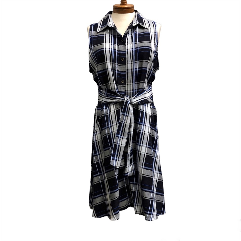 NWT Angie Sleeveless Plaid Dress, Sz L, Blue